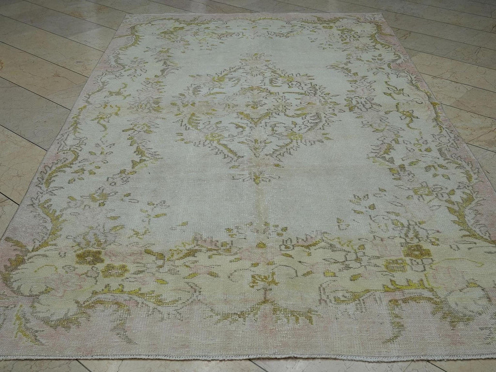 Vintage Oushak Rug: 6"x10.1" Beige Green Wool Turkish Carpet