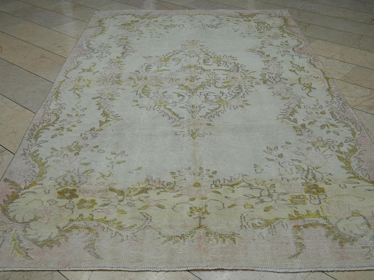 Vintage Oushak Rug: 6"x10.1" Beige Green Wool Turkish Carpet
