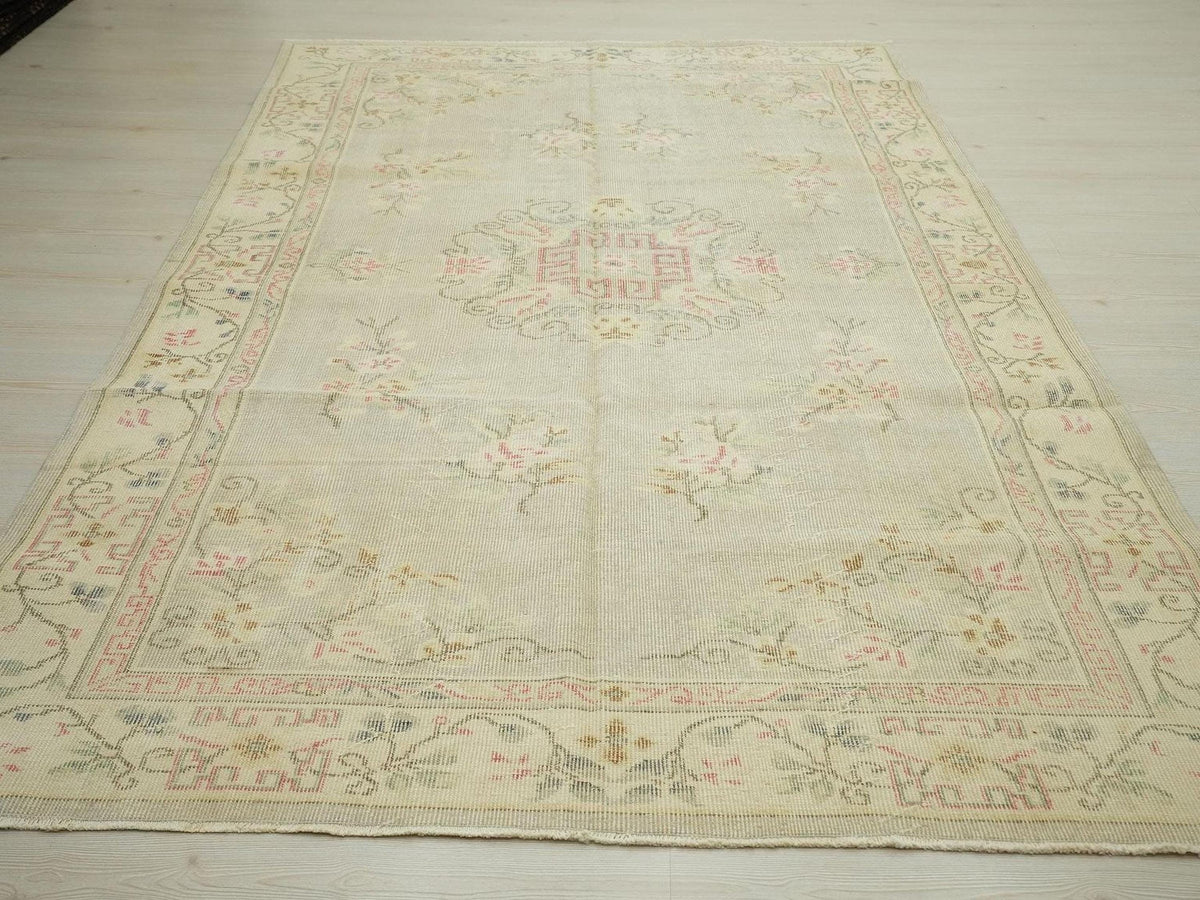 Gray Oushak Rug: 5.7"x9.2" Vintage Turkish Wool Carpet