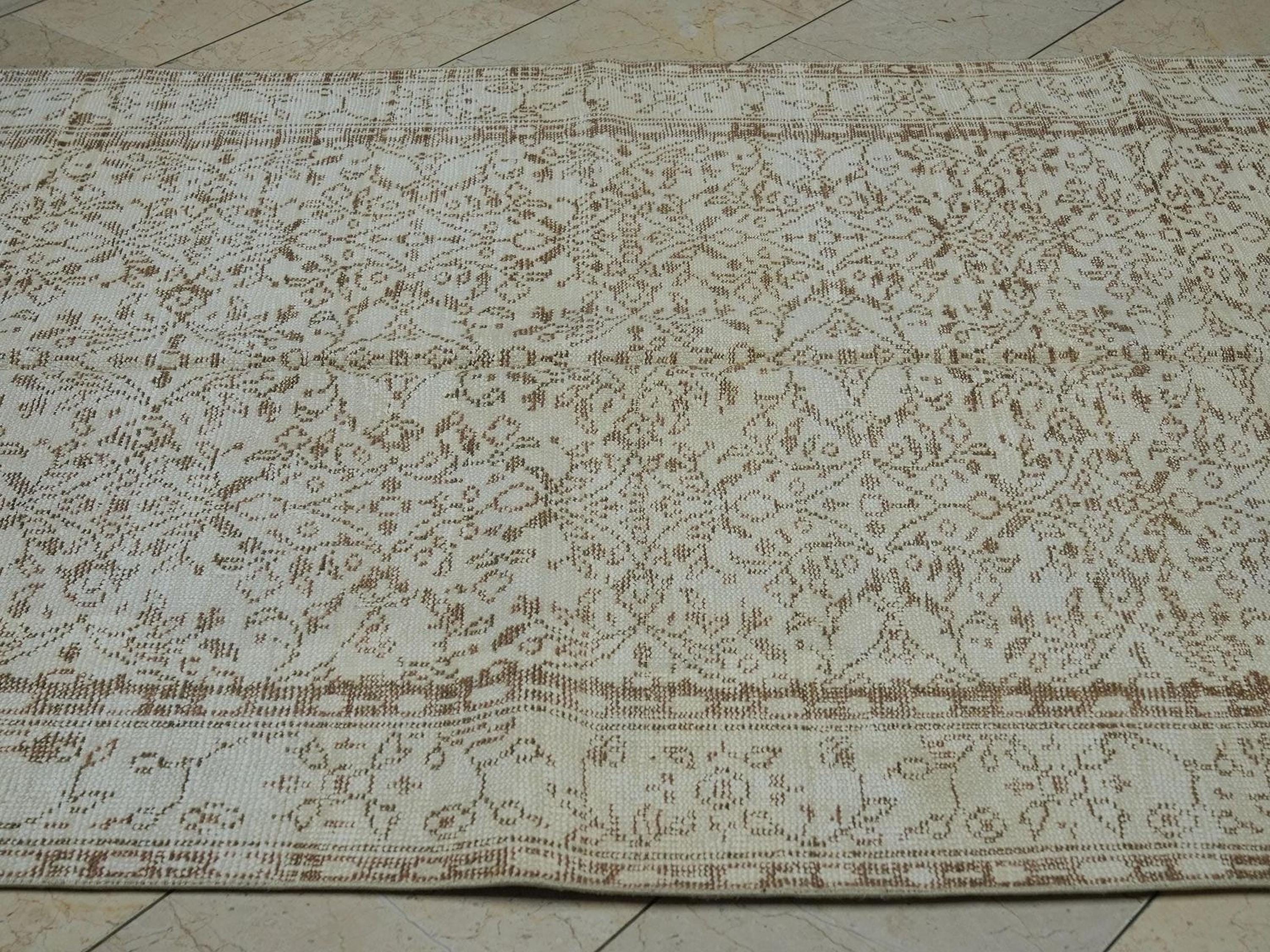 Vintage Oushak Wool Rug: Brown Beige Floral Turkish Carpet 5.2x8.8 ft