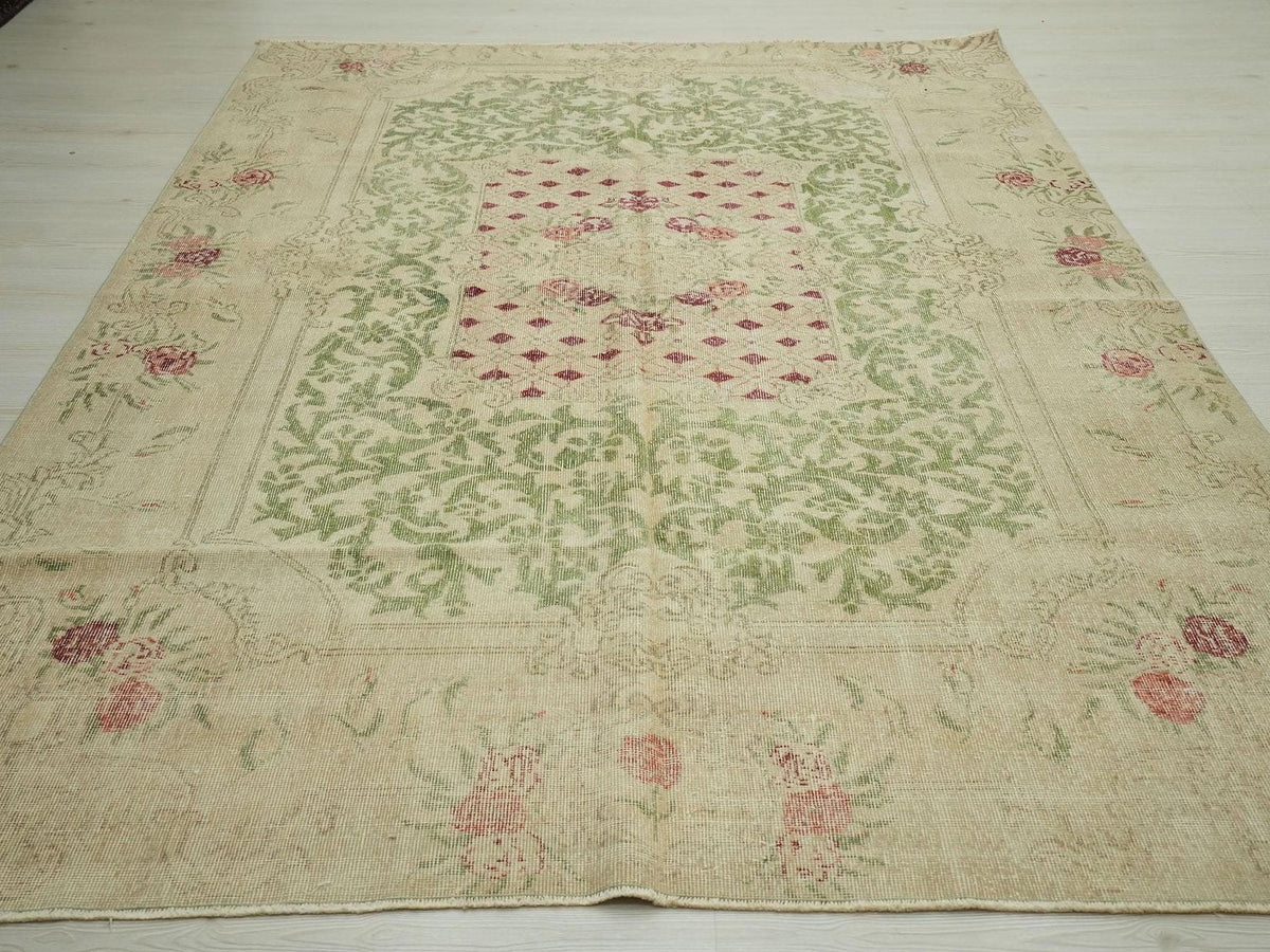 Large Vintage Oushak Rug (6.5x9.1 ft): Handmade Turkish Wool Carpet