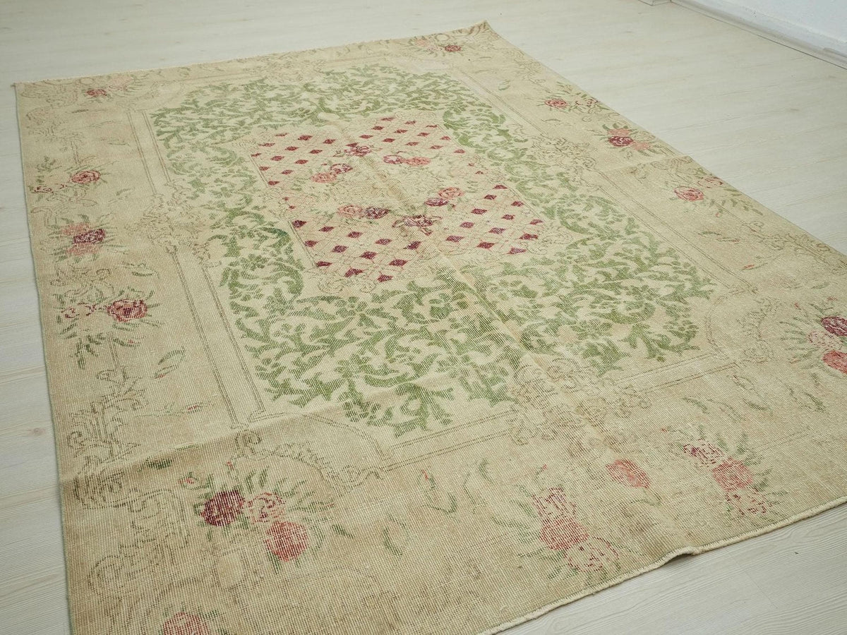 Large Vintage Oushak Rug (6.5x9.1 ft): Handmade Turkish Wool Carpet