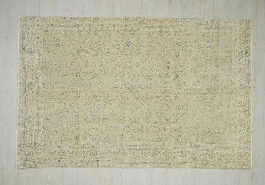 Handmade Beige Oushak Rug: Mid Century Modern Turkish Wool Rugs 6.7x10.3 ft.