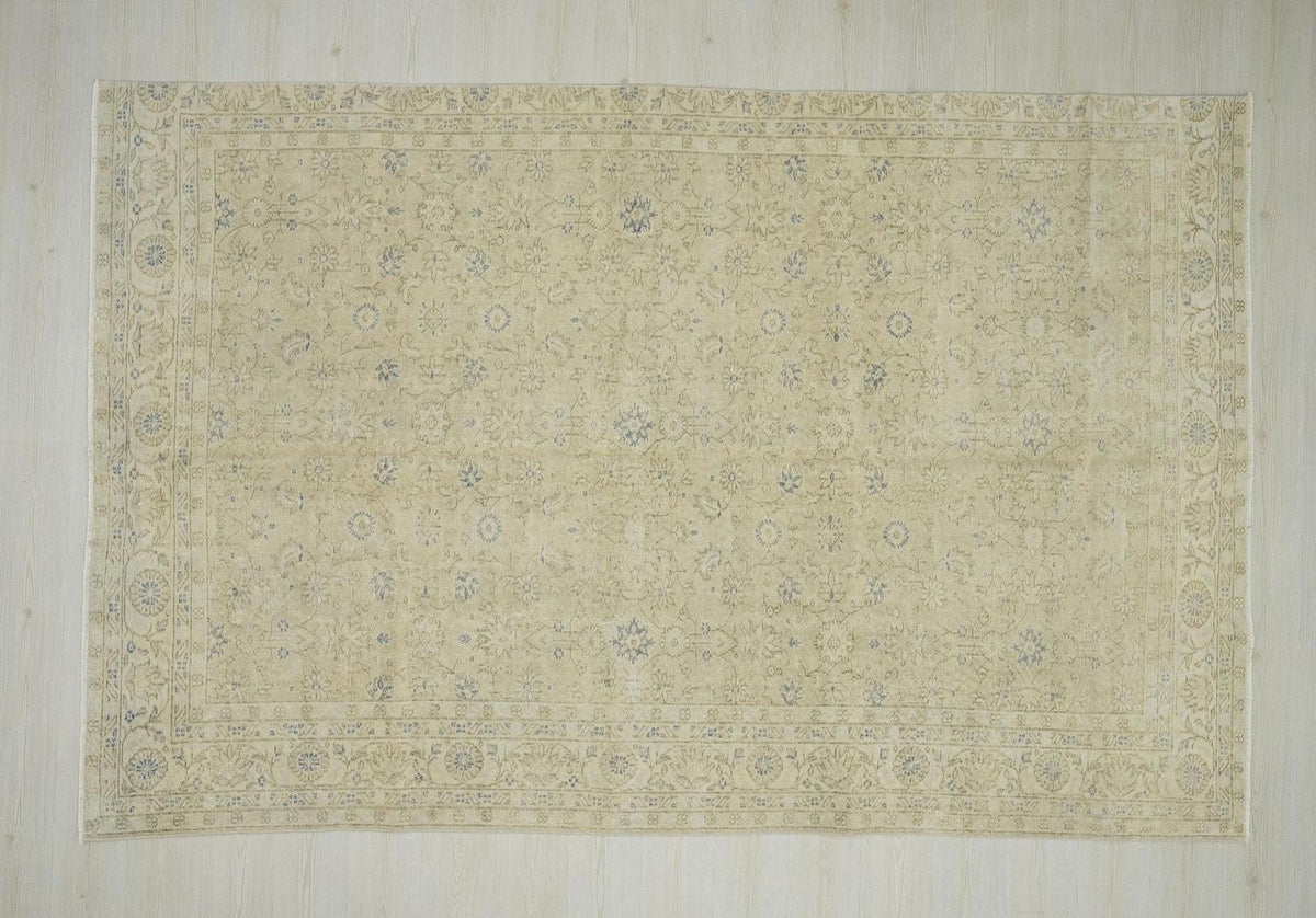 Handmade Beige Oushak Rug: Mid Century Modern Turkish Wool Rugs 6.7x10.3 ft.