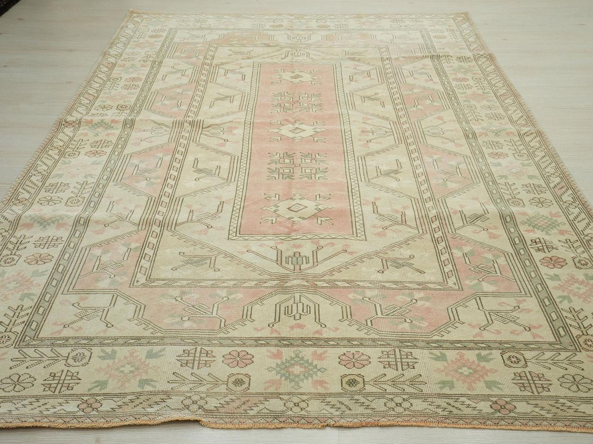 Pastel Oushak Rug 6,4x8,7 ft, Turkish Wool Carpet, Vintage Style Gift