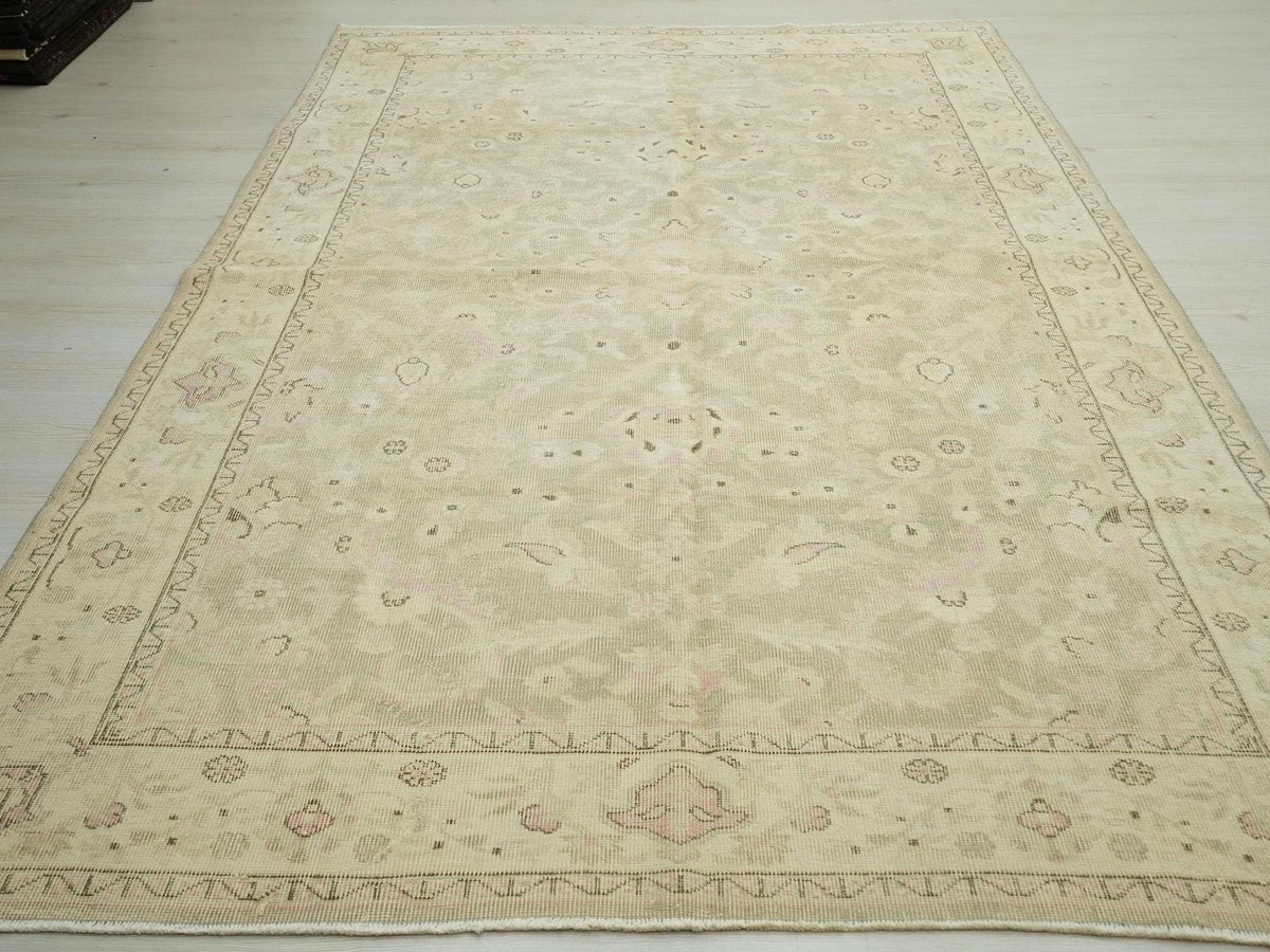 Vintage Oushak Rug: Large Turkish Wool Rugs, Muted Gray & Salmon Carpet 6x10 ft