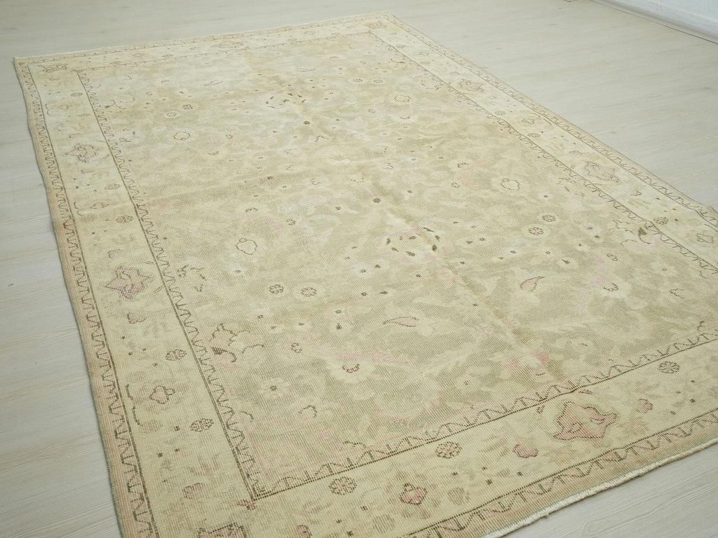 Vintage Oushak Rug: Large Turkish Wool Rugs, Muted Gray & Salmon Carpet 6x10 ft