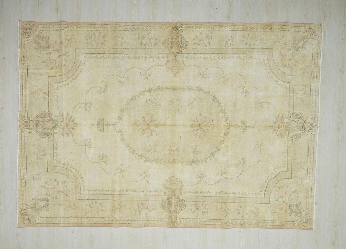 Large Muted Oushak Rug: 7x10.2 Vintage Turkish Wool Carpet
