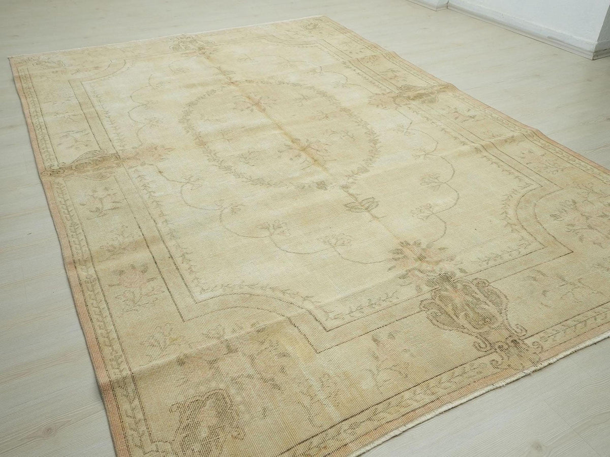 Large Muted Oushak Rug: 7x10.2 Vintage Turkish Wool Carpet