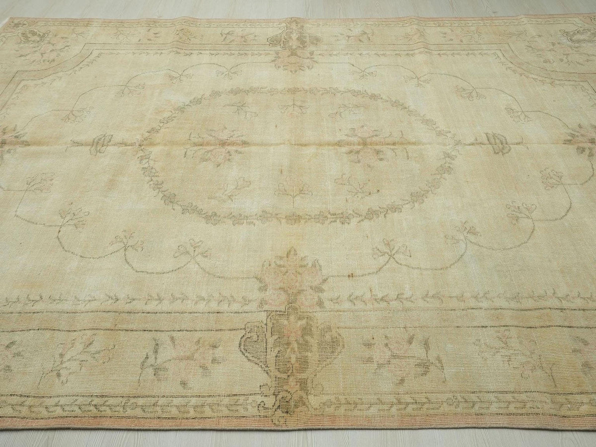 Large Muted Oushak Rug: 7x10.2 Vintage Turkish Wool Carpet
