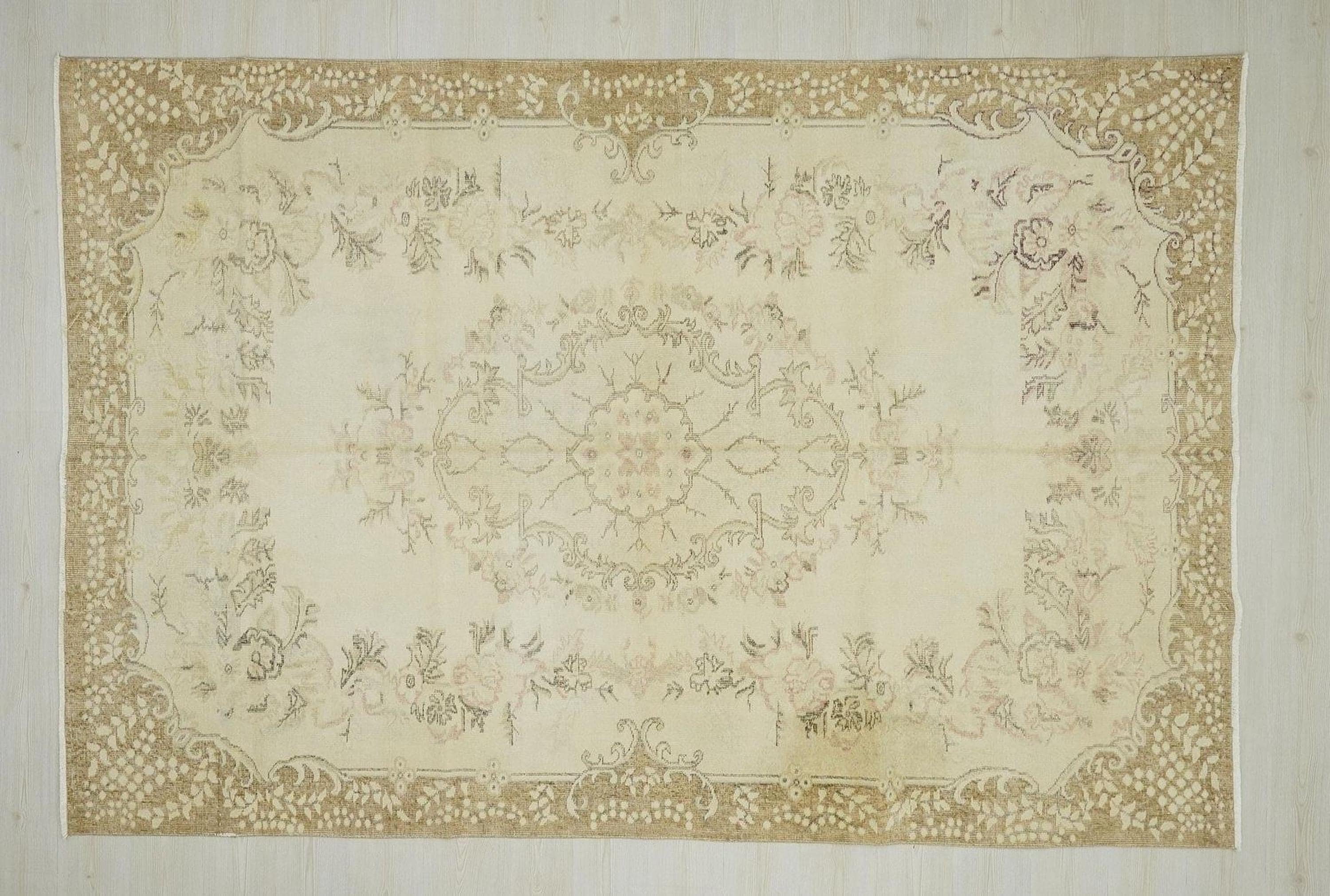 Vintage Wool Oushak Rug: Beige Brown Turkish Carpet 7x10 Ft.