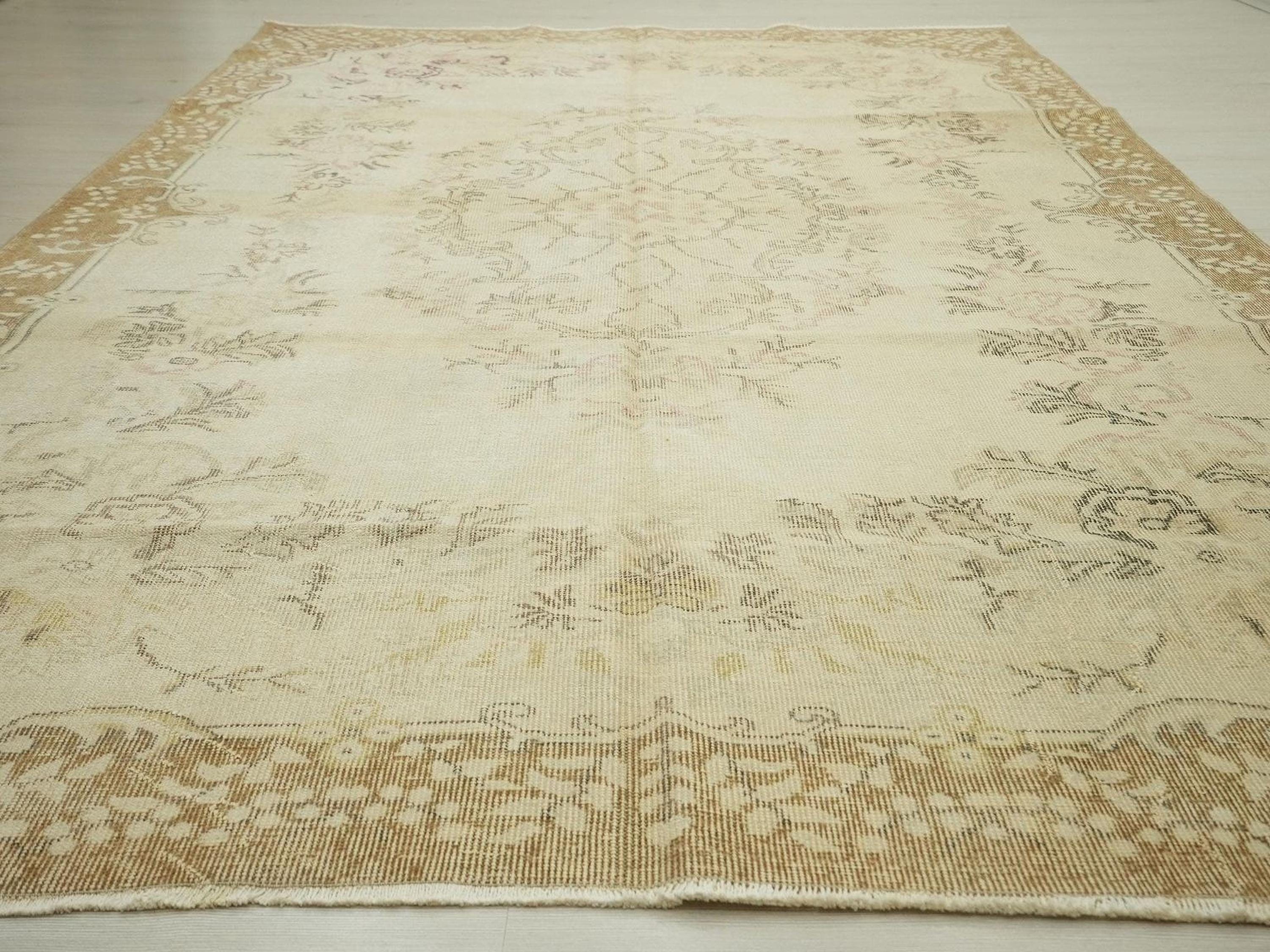 Vintage Wool Oushak Rug: Beige Brown Turkish Carpet 7x10 Ft.