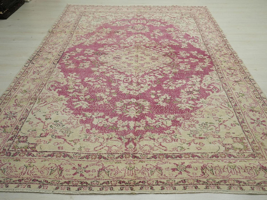 Vintage Wool Oushak Rug: Turkish Medallion Design Wine & Beige Rugs 7x11