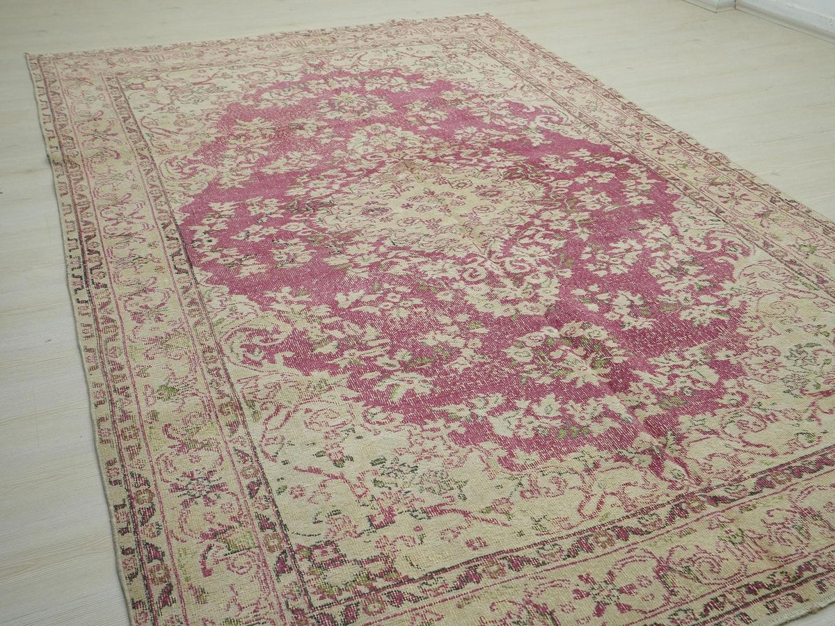 Vintage Wool Oushak Rug: Turkish Medallion Design Wine & Beige Rugs 7x11
