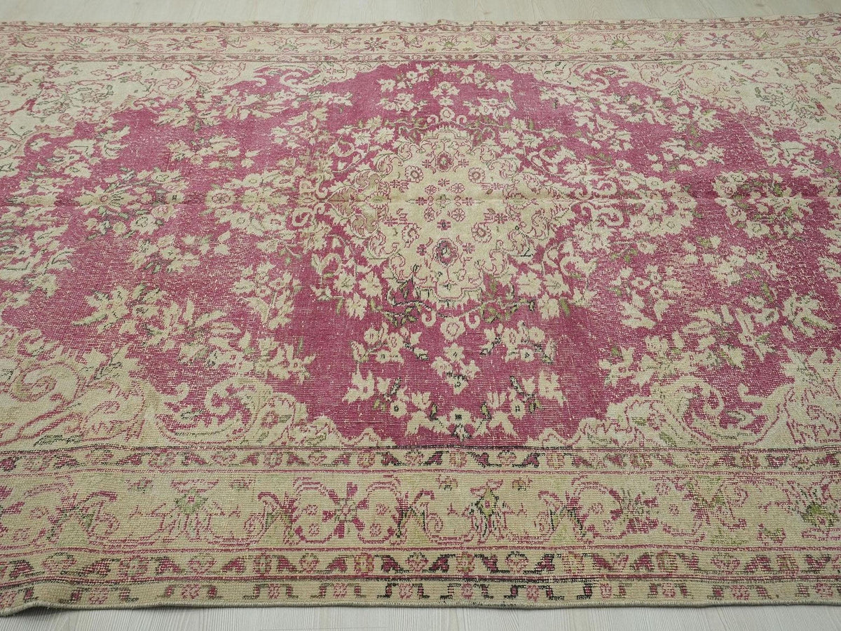 Vintage Wool Oushak Rug: Turkish Medallion Design Wine & Beige Rugs 7x11