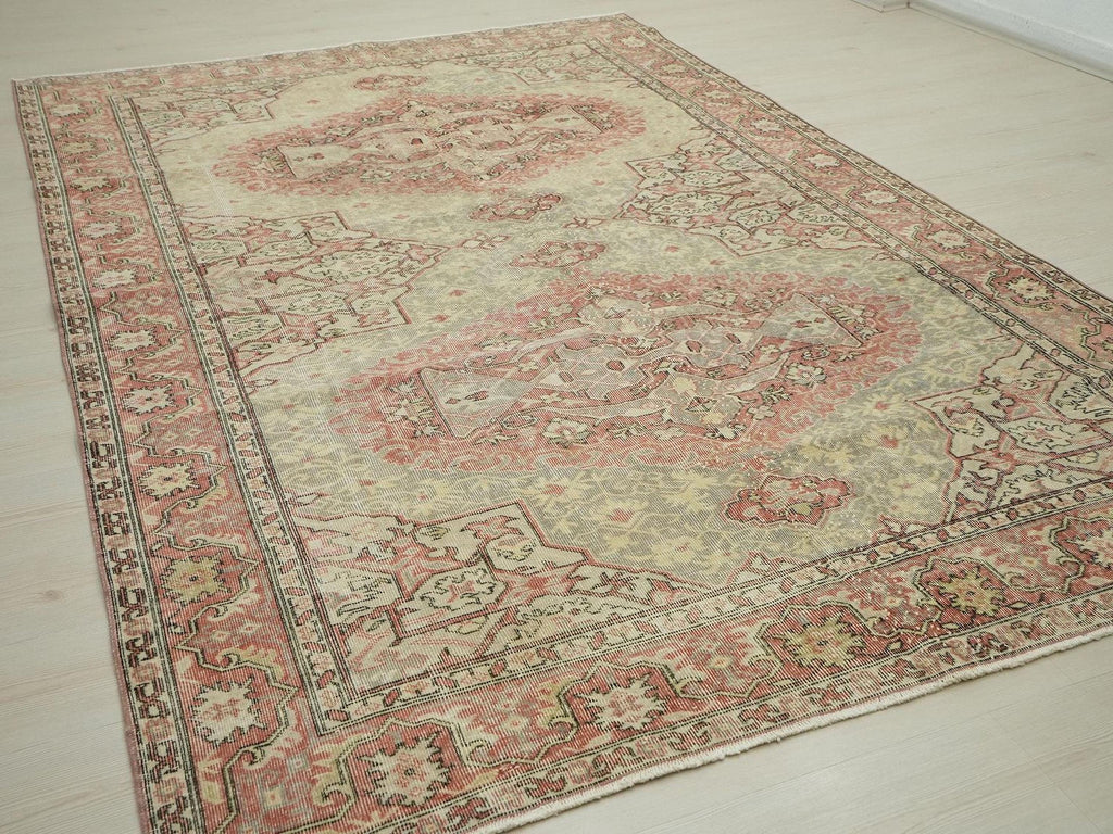 Gray & Blue Vintage Oushak Rug: Mid-Century Antique Turkish Wool Carpet 6,5x9,7 Ft.