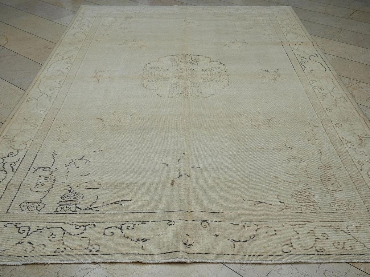 Handmade Wool Oushak Rug: 7x10 Gray Brown Turkish Carpet