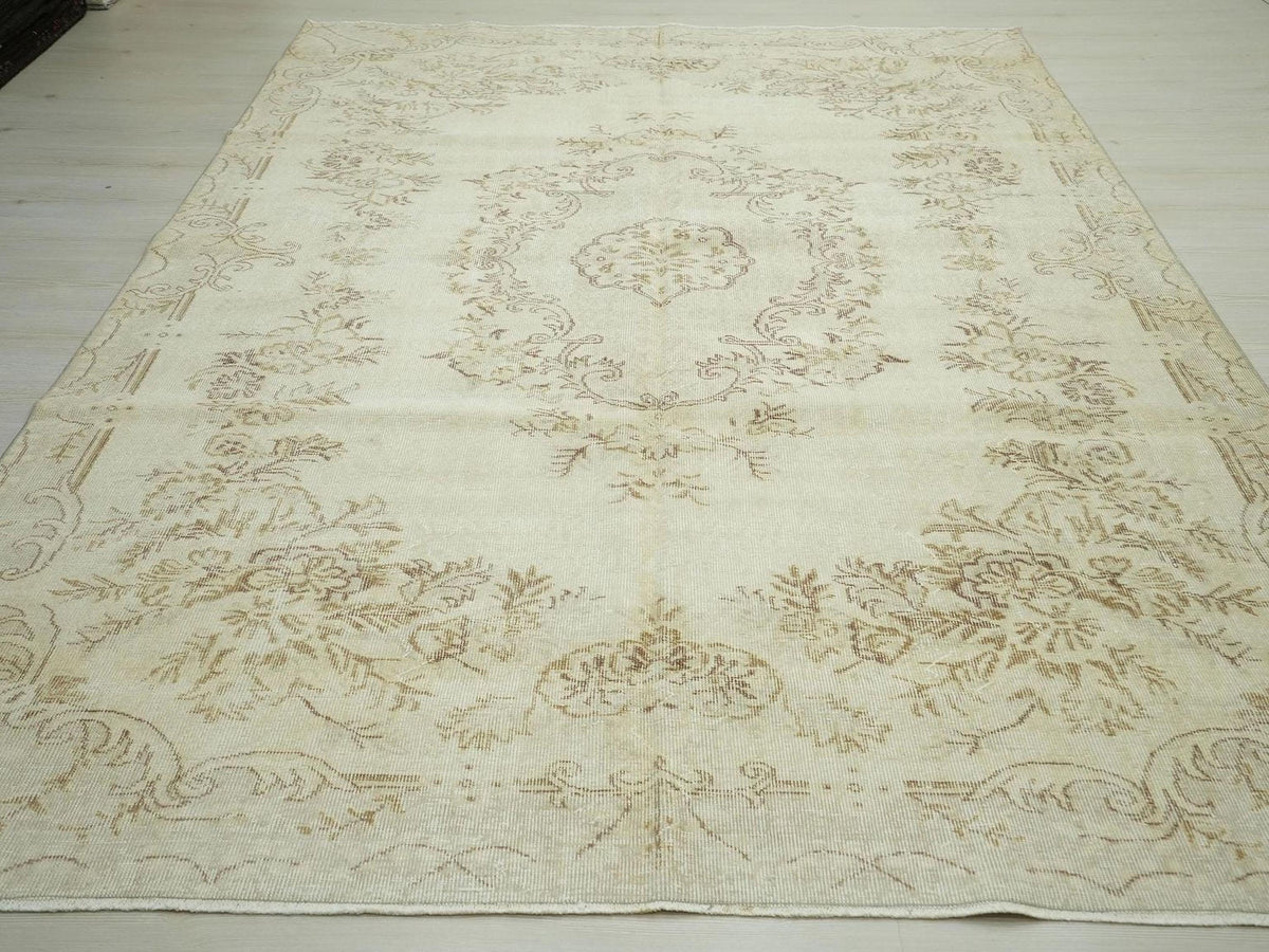 Vintage Oushak Rug: Large Handmade Wool Beige Brown Rugs, 6.10X9.9 ft.