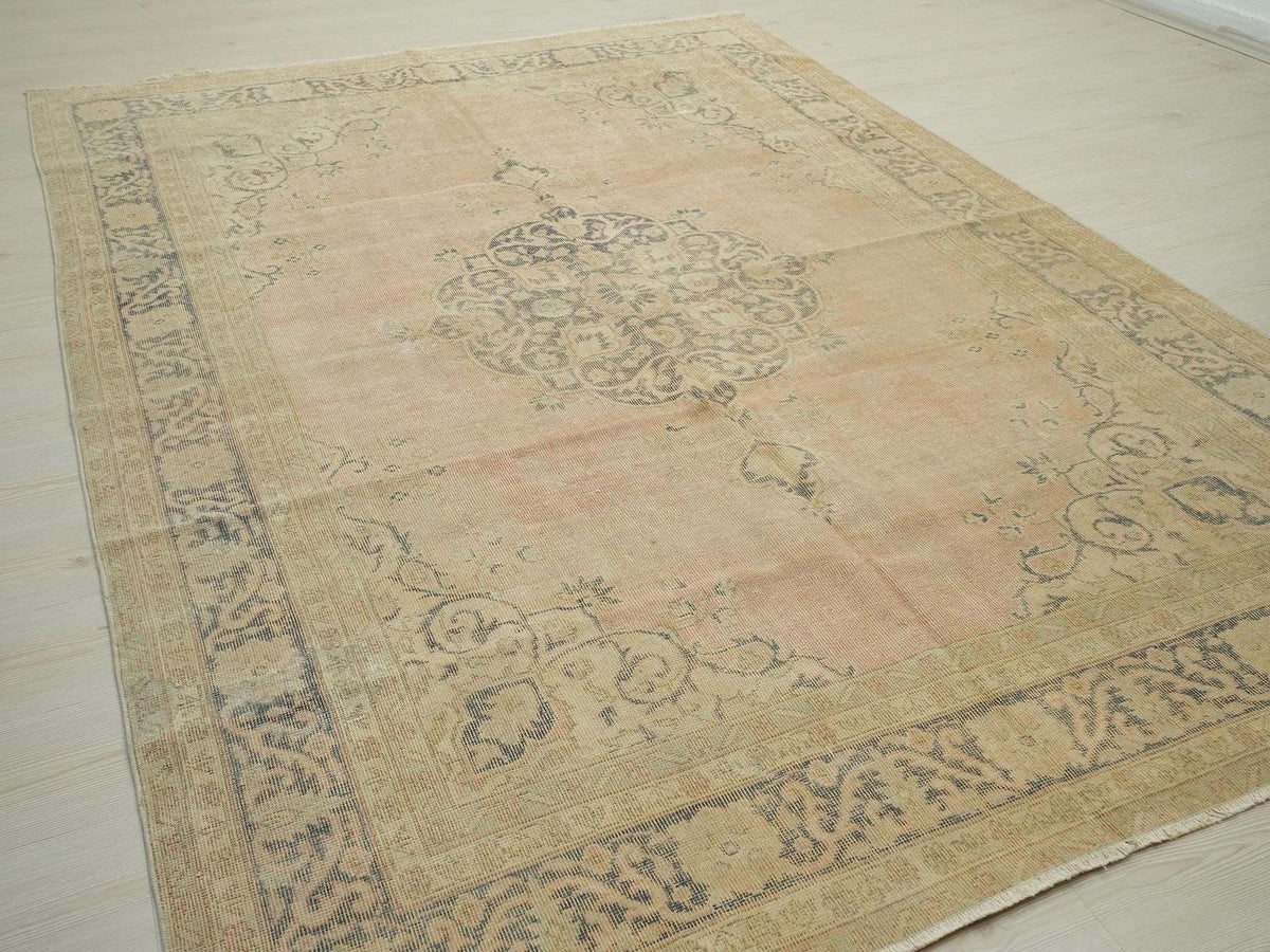 Large Vintage Oushak Rug 6.5"x9.3" - Faded Turkish Wool Carpet