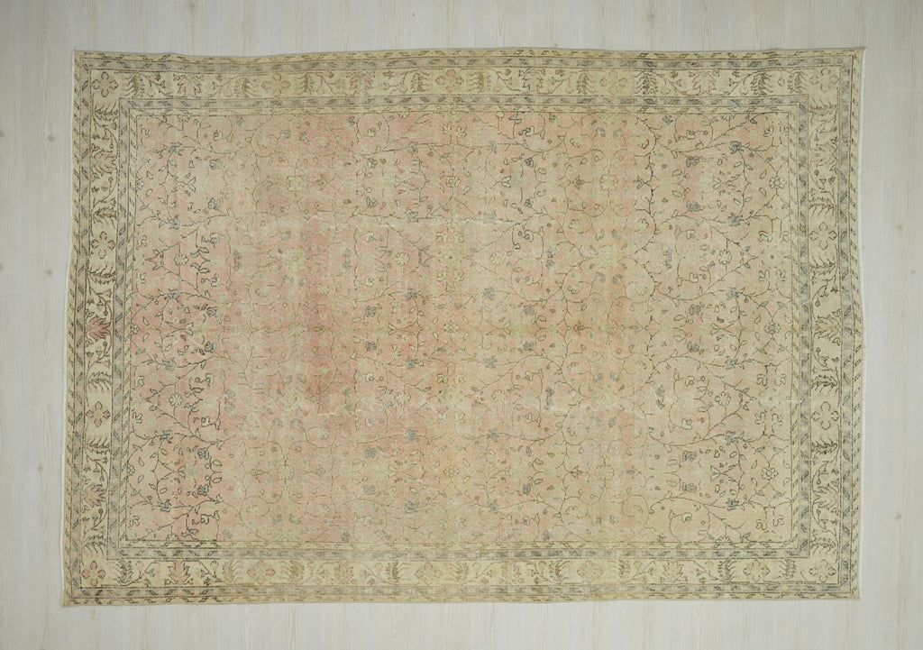 Large Salmon Pink Oushak Rug: Vintage Turkish Wool Carpet 7x10 Ft.