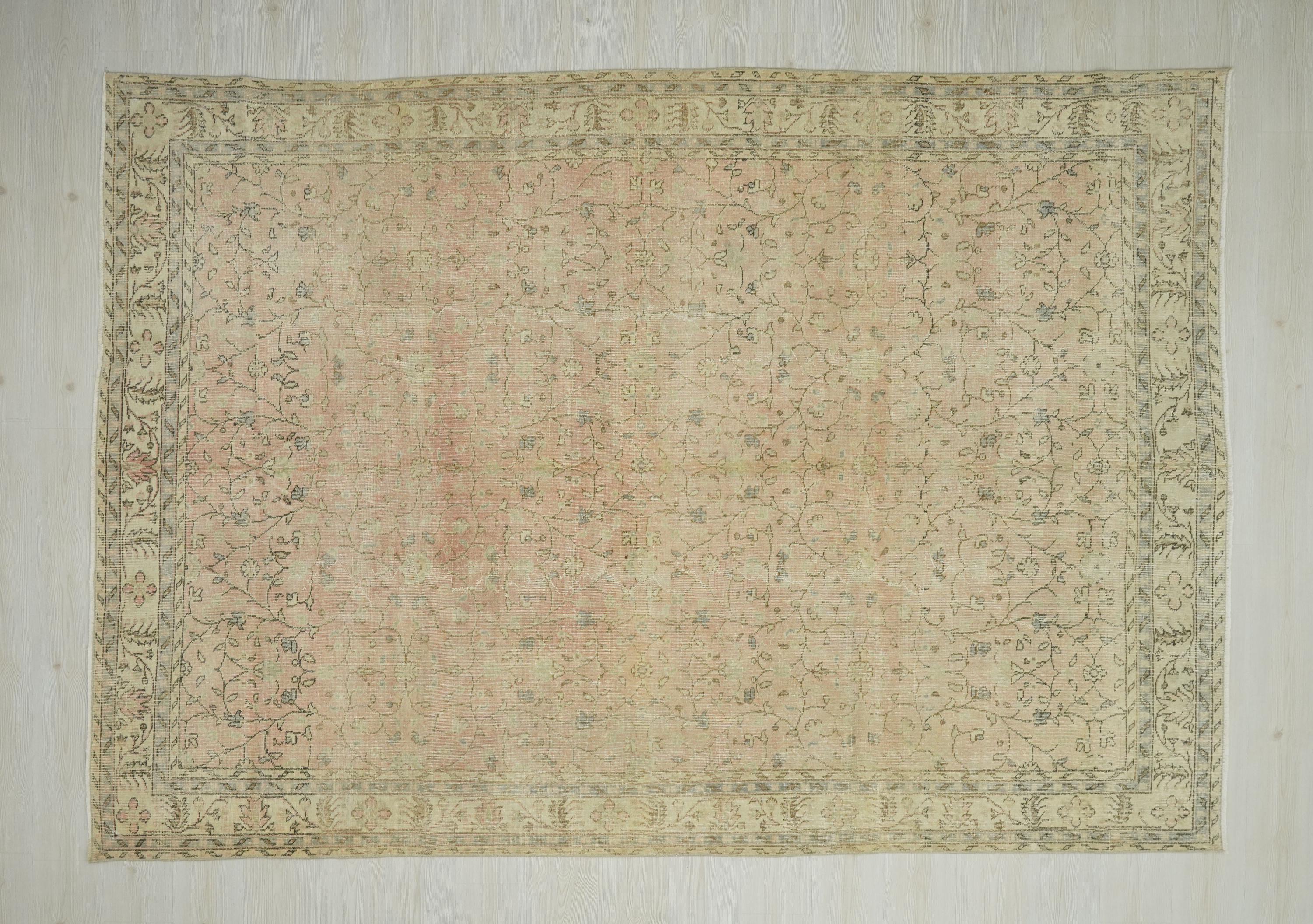 Large Salmon Pink Oushak Rug: Vintage Turkish Wool Carpet 7x10 Ft.