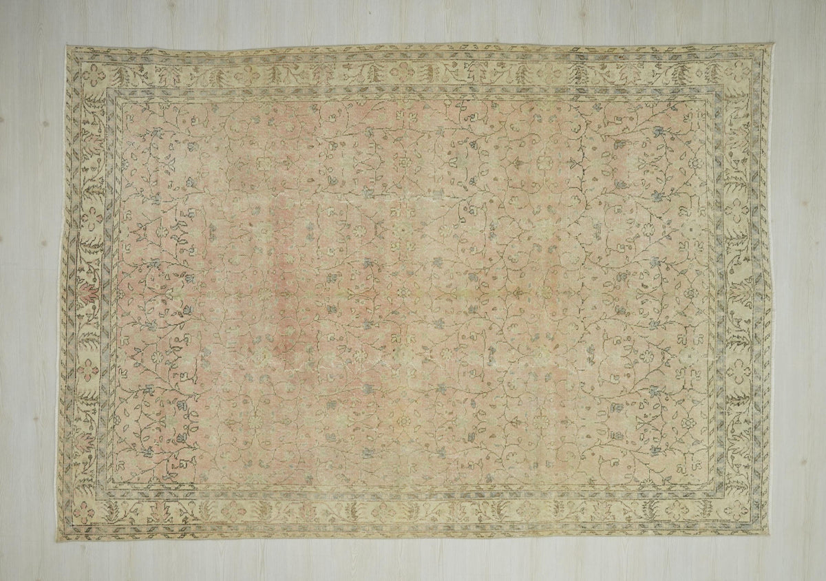 Large Vintage Turkish Oushak Rug: 7x10 Pink Brown Geometric Wool Carpet