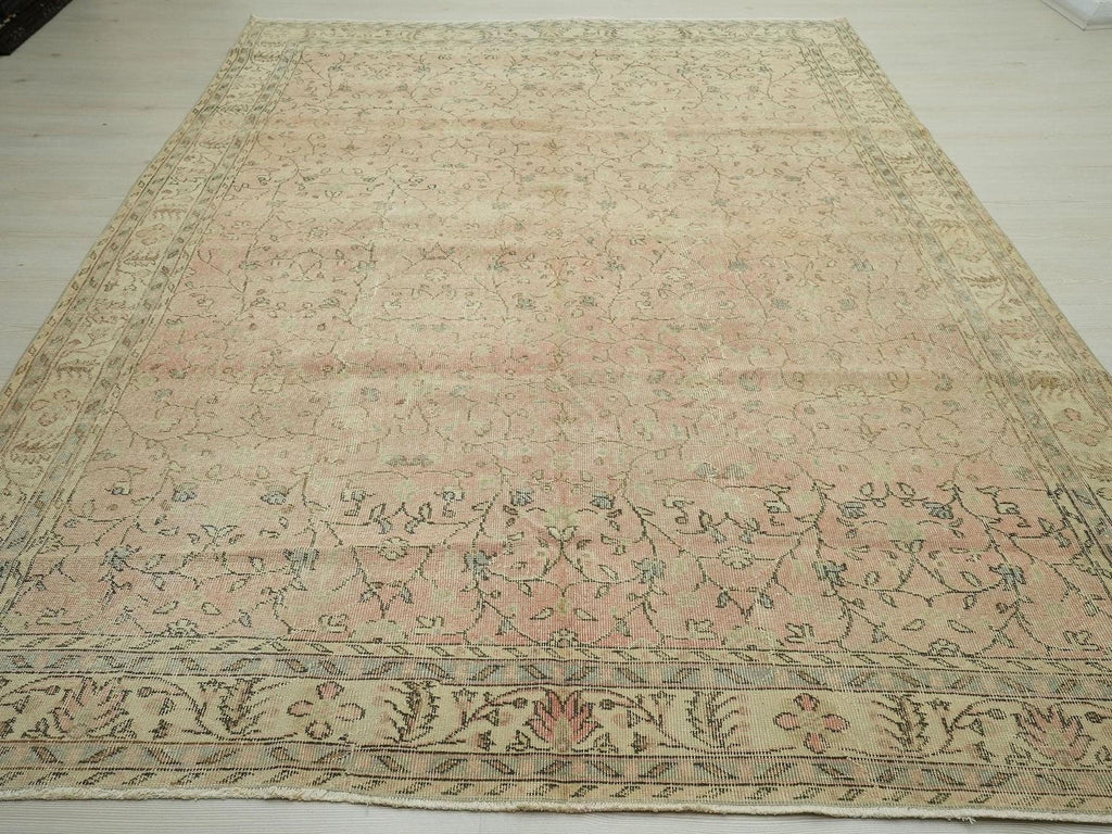 Large Vintage Turkish Oushak Rug: 7x10 Pink Brown Geometric Wool Carpet