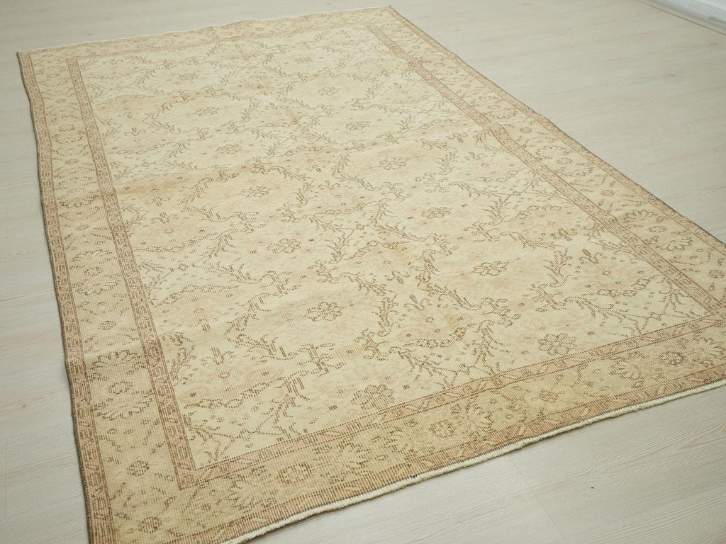 Abstract Wool Oushak Rug,6x9 Scandinavian Style Beige Brown Hand-Woven Carpet