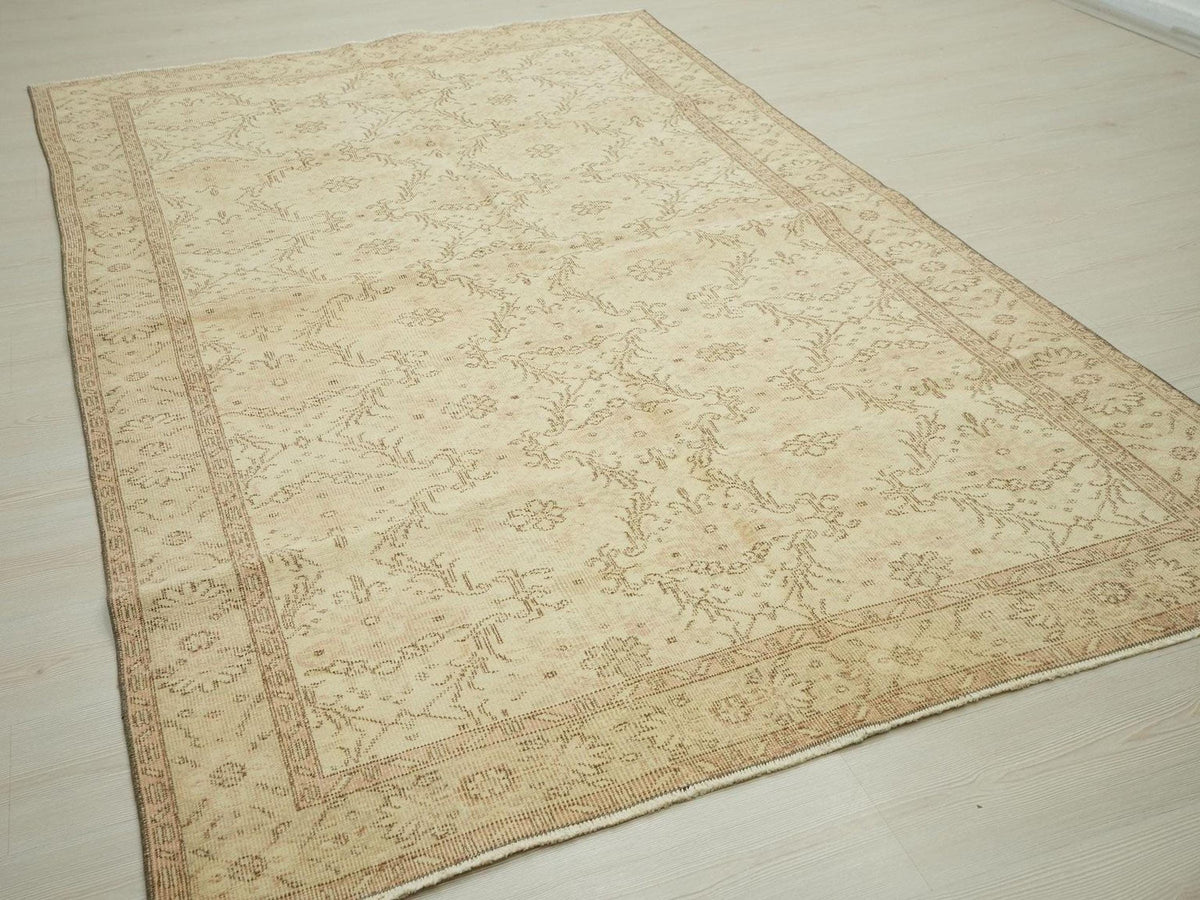 Abstract Wool Oushak Rug,6x9 Scandinavian Style Beige Brown Hand-Woven Carpet