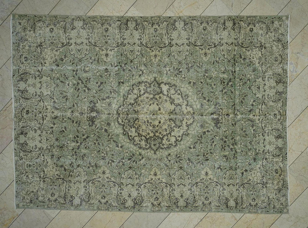 7x10 Feet Green & Brown Vintage Oushak Carpet Rug: Large Size Wool Turkish Rugs.