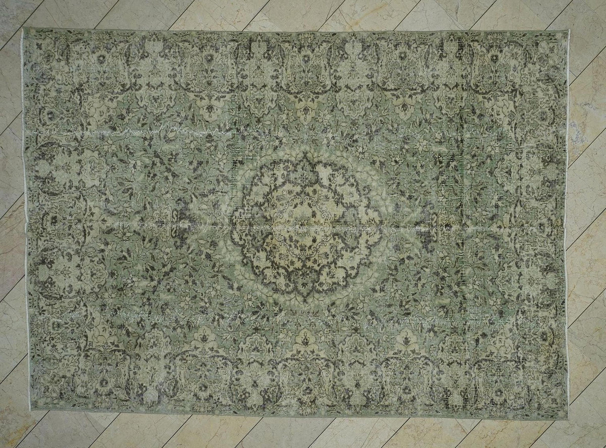 7x10 Feet Green & Brown Vintage Oushak Carpet Rug: Large Size Wool Turkish Rugs.
