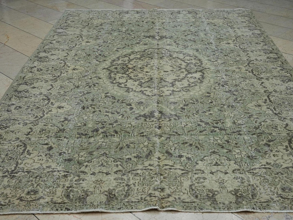 7x10 Feet Green & Brown Vintage Oushak Carpet Rug: Large Size Wool Turkish Rugs.
