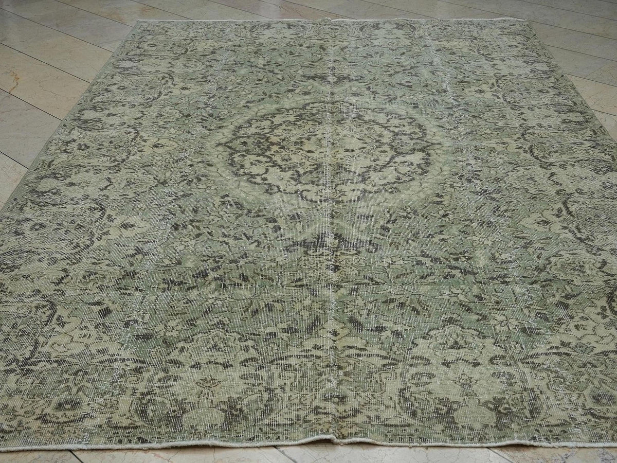 7x10 Feet Green & Brown Vintage Oushak Carpet Rug: Large Size Wool Turkish Rugs.