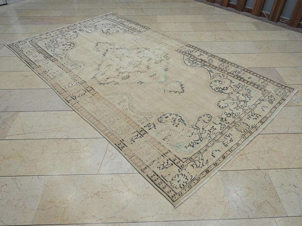 Handmade vintage oushak rug: 5.3x9 Feet,Mid Century Modern Turkish Rugs.