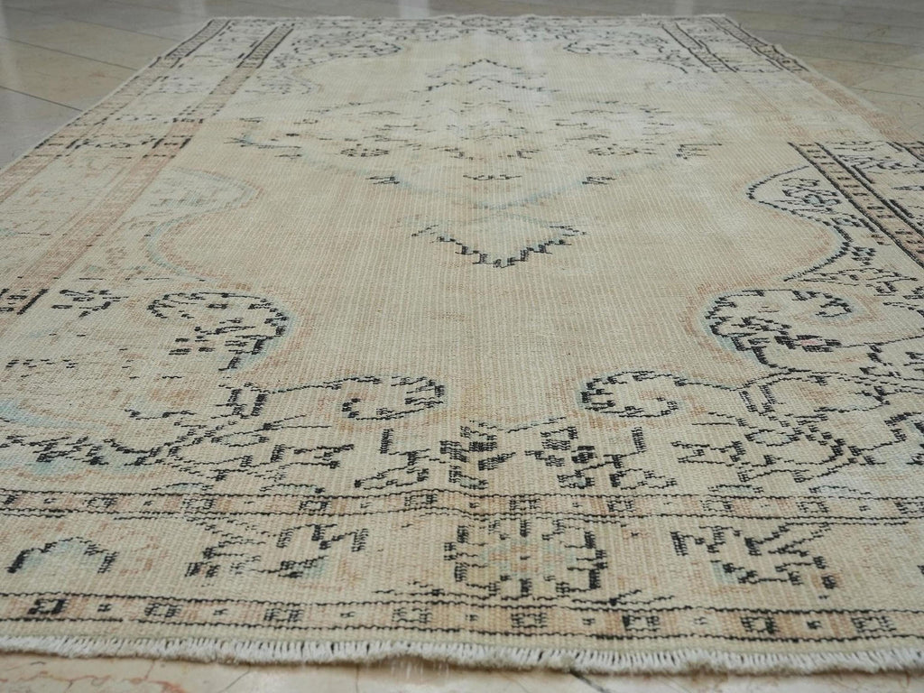 Handmade vintage oushak rug: 5.3x9 Feet,Mid Century Modern Turkish Rugs.