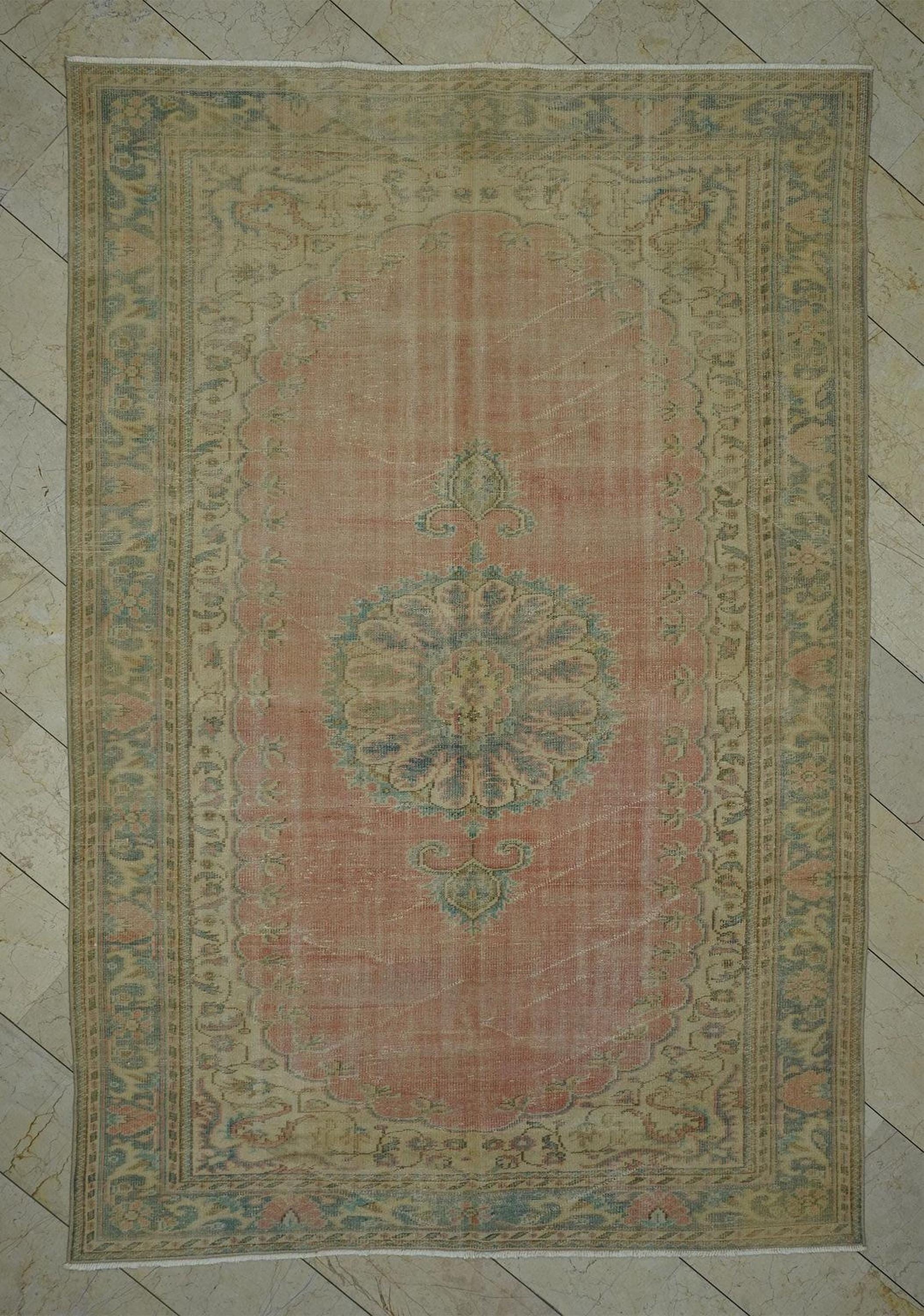 Vintage Pink Blue Oushak Rug: Handmade Turkish Wool Carpet 6.6x9.9 ft