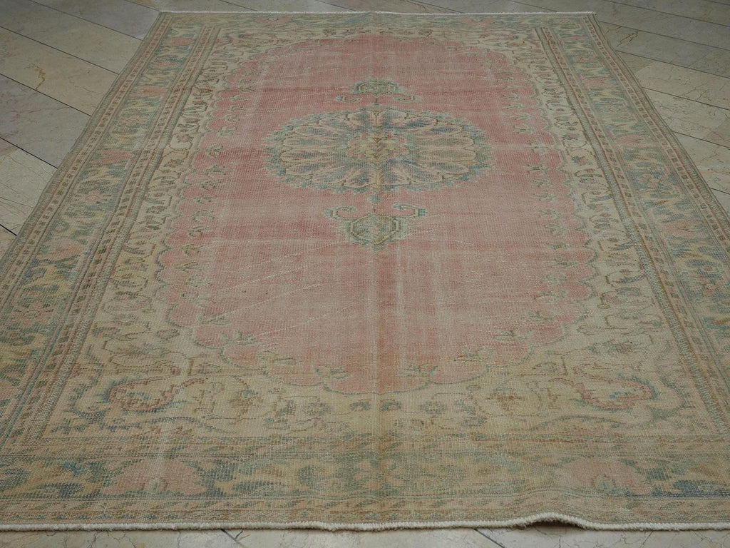 Vintage Pink Blue Oushak Rug: Handmade Turkish Wool Carpet 6.6x9.9 ft