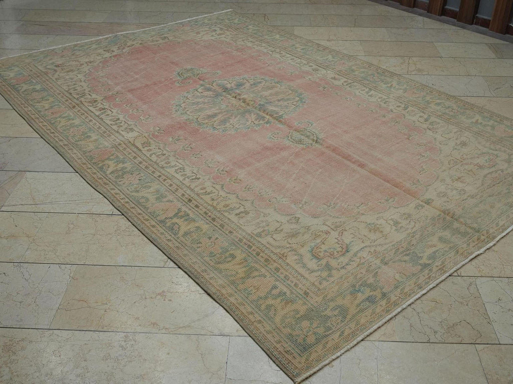 Vintage Pink Blue Oushak Rug: Handmade Turkish Wool Carpet 6.6x9.9 ft
