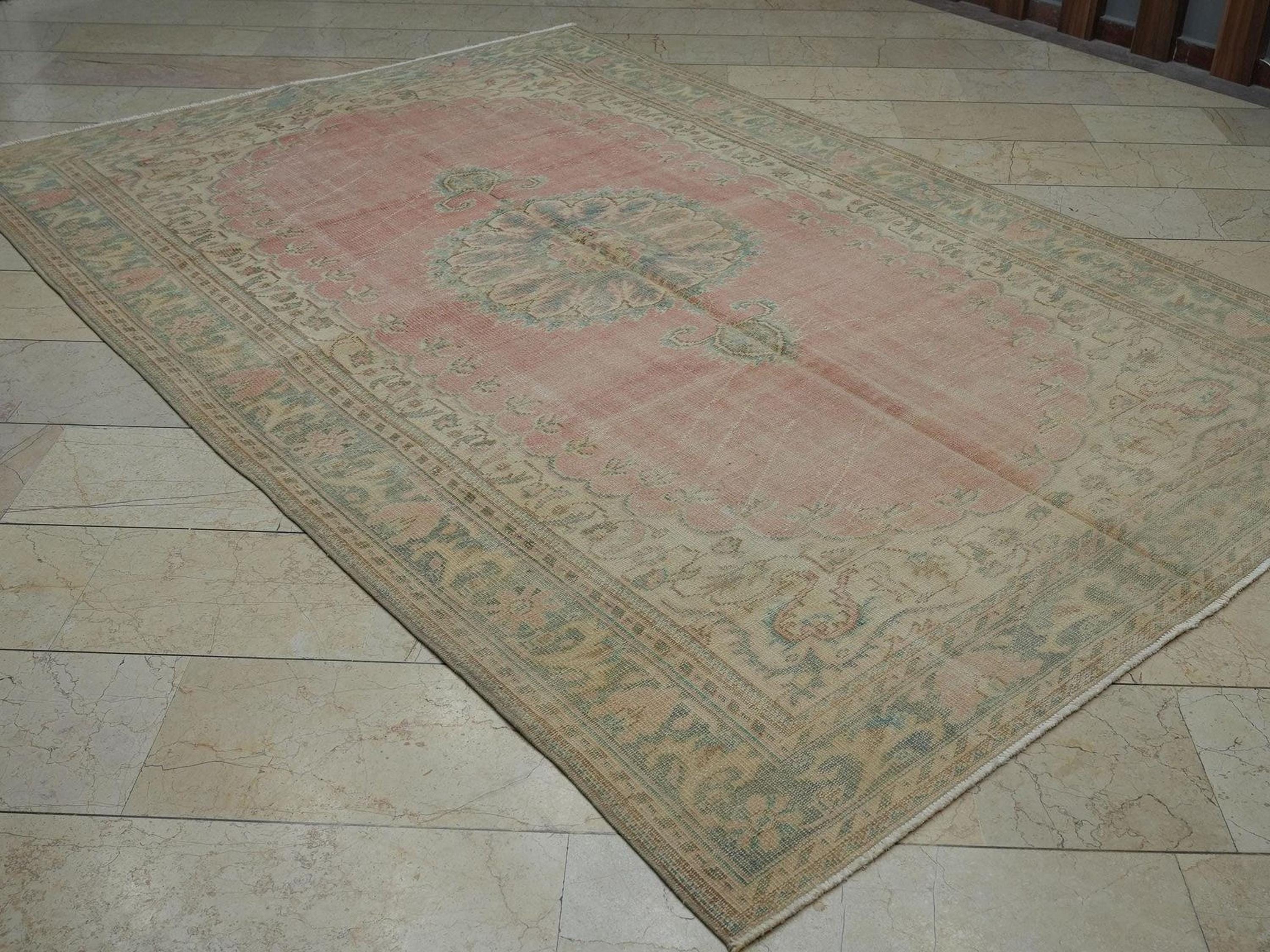 Vintage Pink Blue Oushak Rug: Handmade Turkish Wool Carpet 6.6x9.9 ft