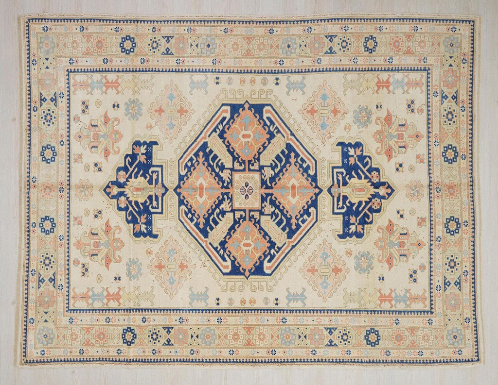 Handmade Wool Oushak Rug: 7,6"x9,7" Blue and White Turkish Carpet