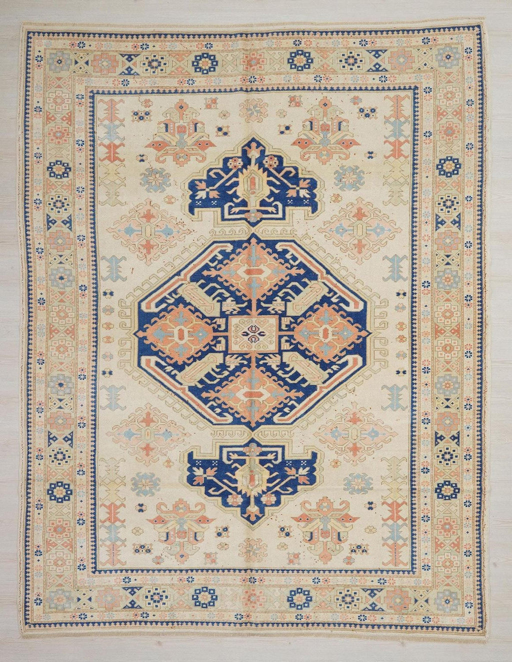 Handmade Wool Oushak Rug: 7,6"x9,7" Blue and White Turkish Carpet