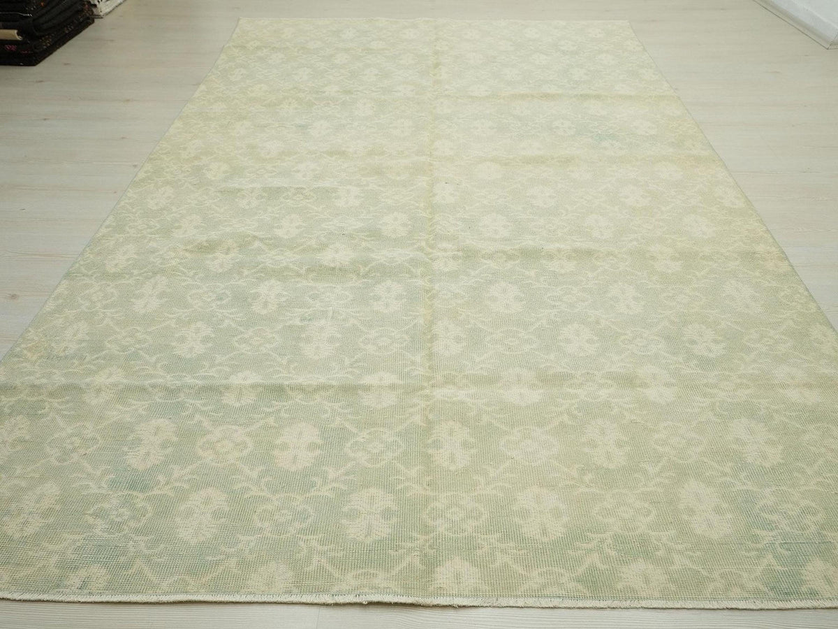Light Blue Vintage Oushak Rug: Mid Century Modern Turkish Wool Carpet,6,5"x11,1" Ft.