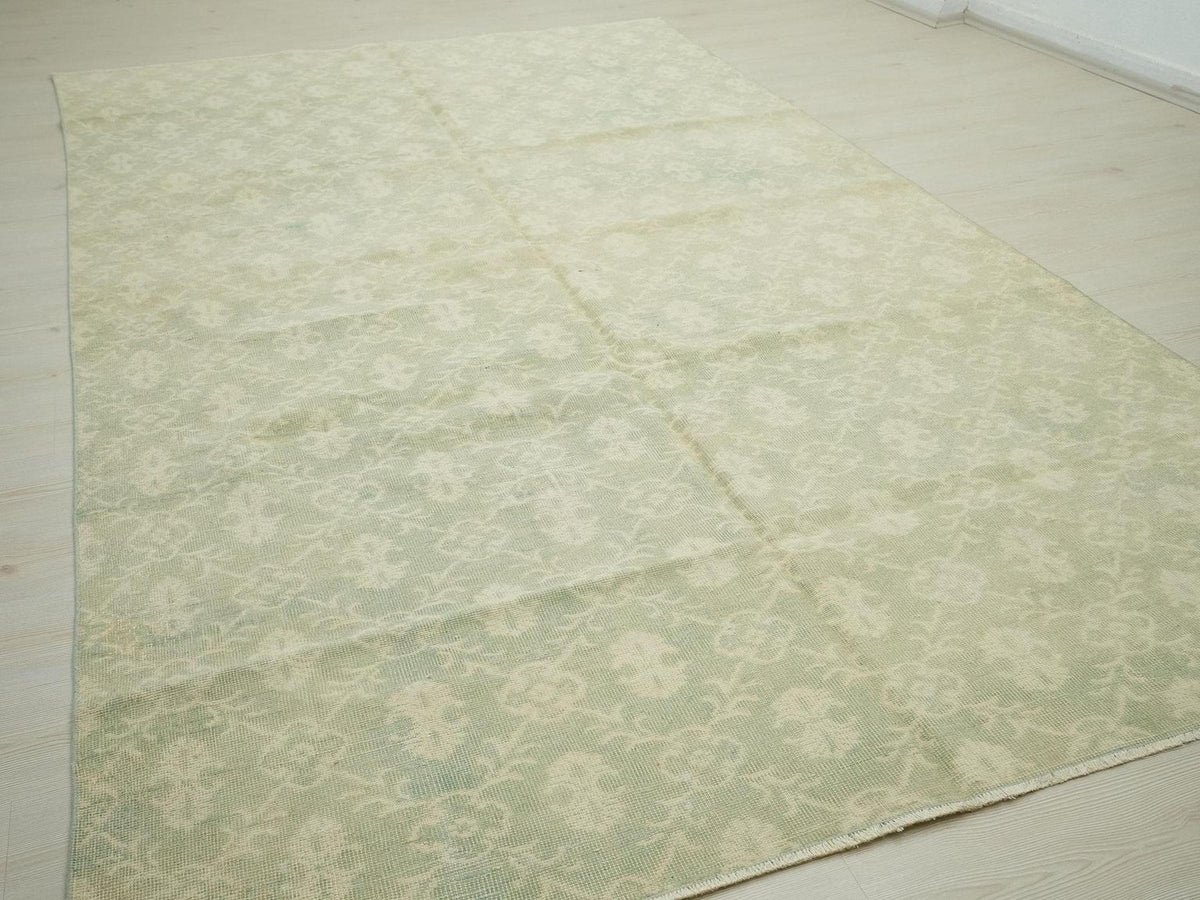Light Blue Vintage Oushak Rug: Mid Century Modern Turkish Wool Carpet,6,5"x11,1" Ft.