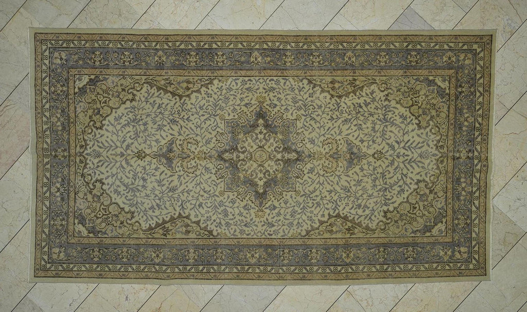 Pale Gray & Beige Vintage Turkish Carpet Rug: 5.4x9.7 Feet,Mid Century Modern Oushak Rugs.