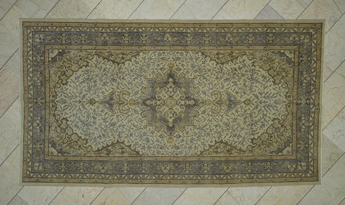 Pale Gray & Beige Vintage Turkish Carpet Rug: 5.4x9.7 Feet,Mid Century Modern Oushak Rugs.