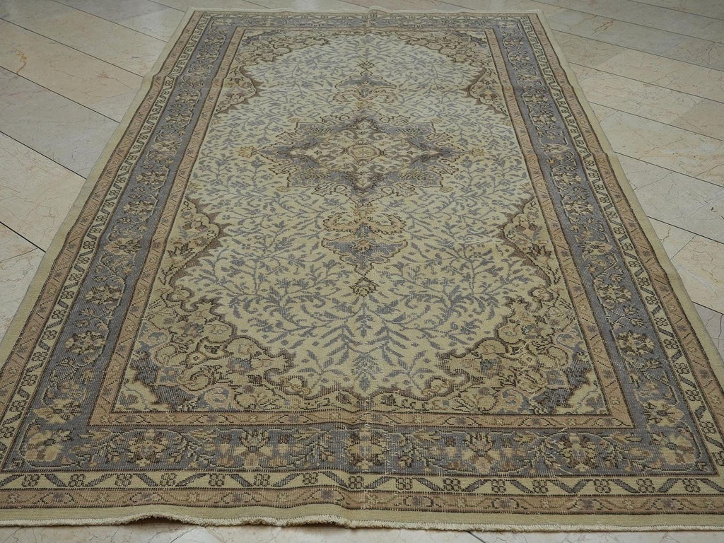 Pale Gray & Beige Vintage Turkish Carpet Rug: 5.4x9.7 Feet,Mid Century Modern Oushak Rugs.