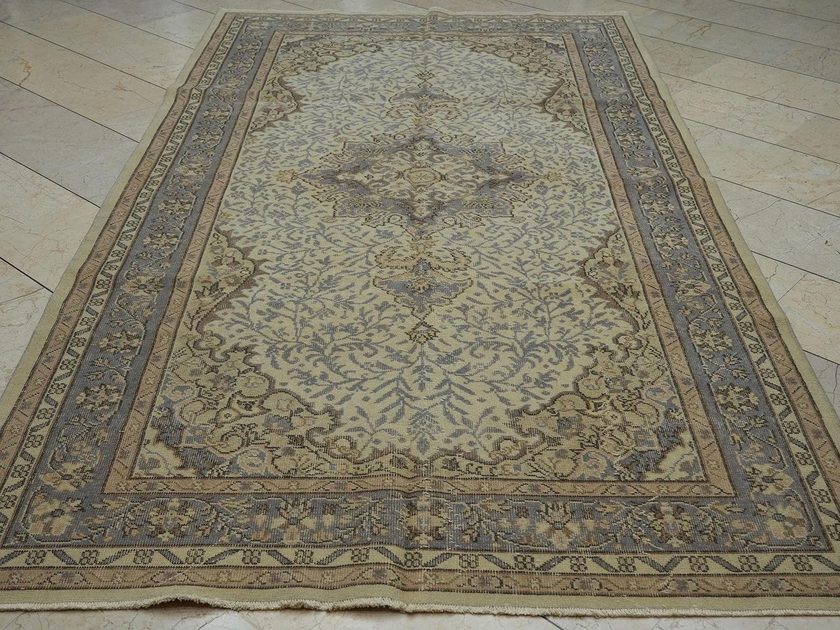Pale Gray & Beige Vintage Turkish Carpet Rug: 5.4x9.7 Feet,Mid Century Modern Oushak Rugs.