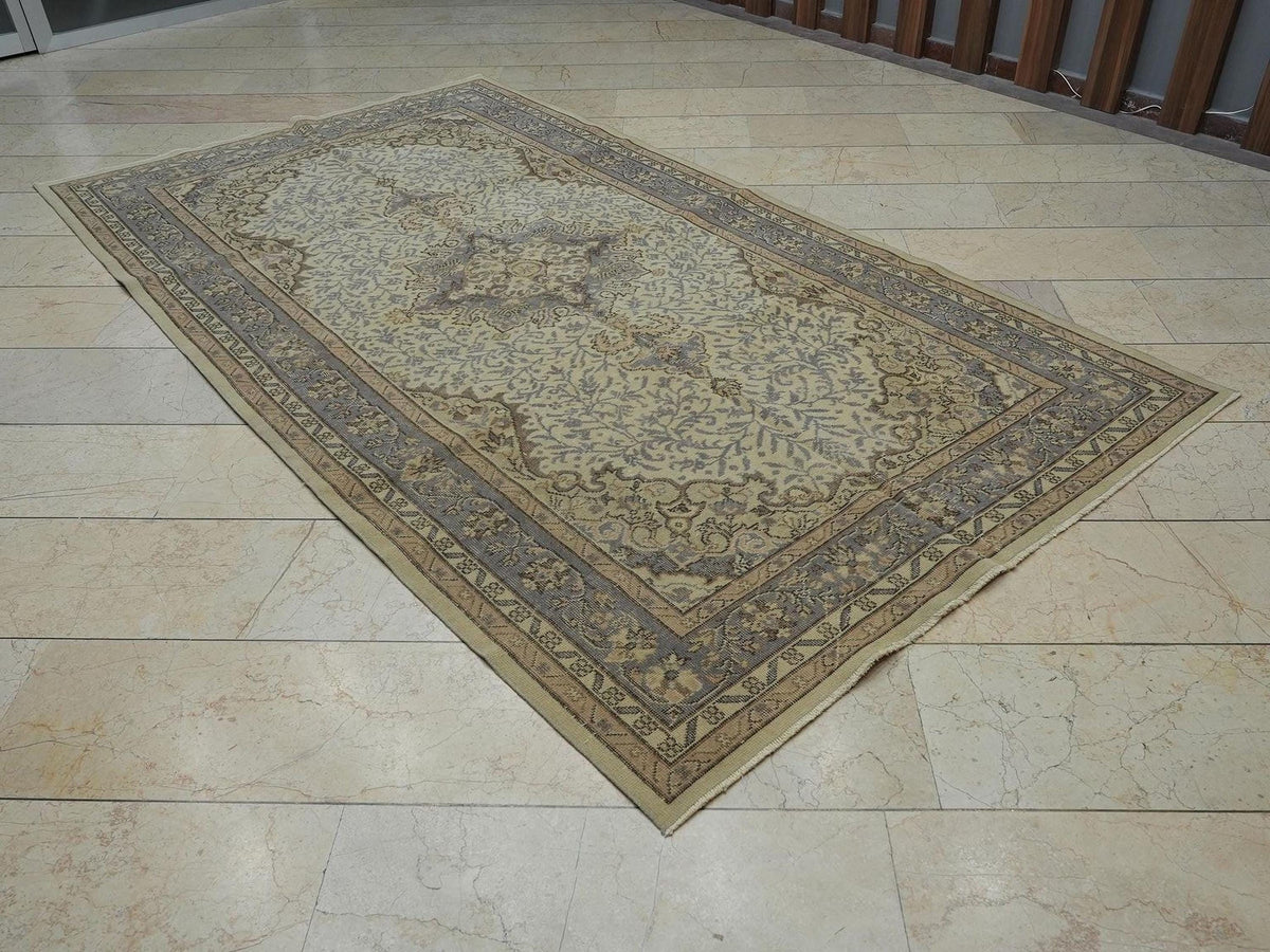 Pale Gray & Beige Vintage Turkish Carpet Rug: 5.4x9.7 Feet,Mid Century Modern Oushak Rugs.