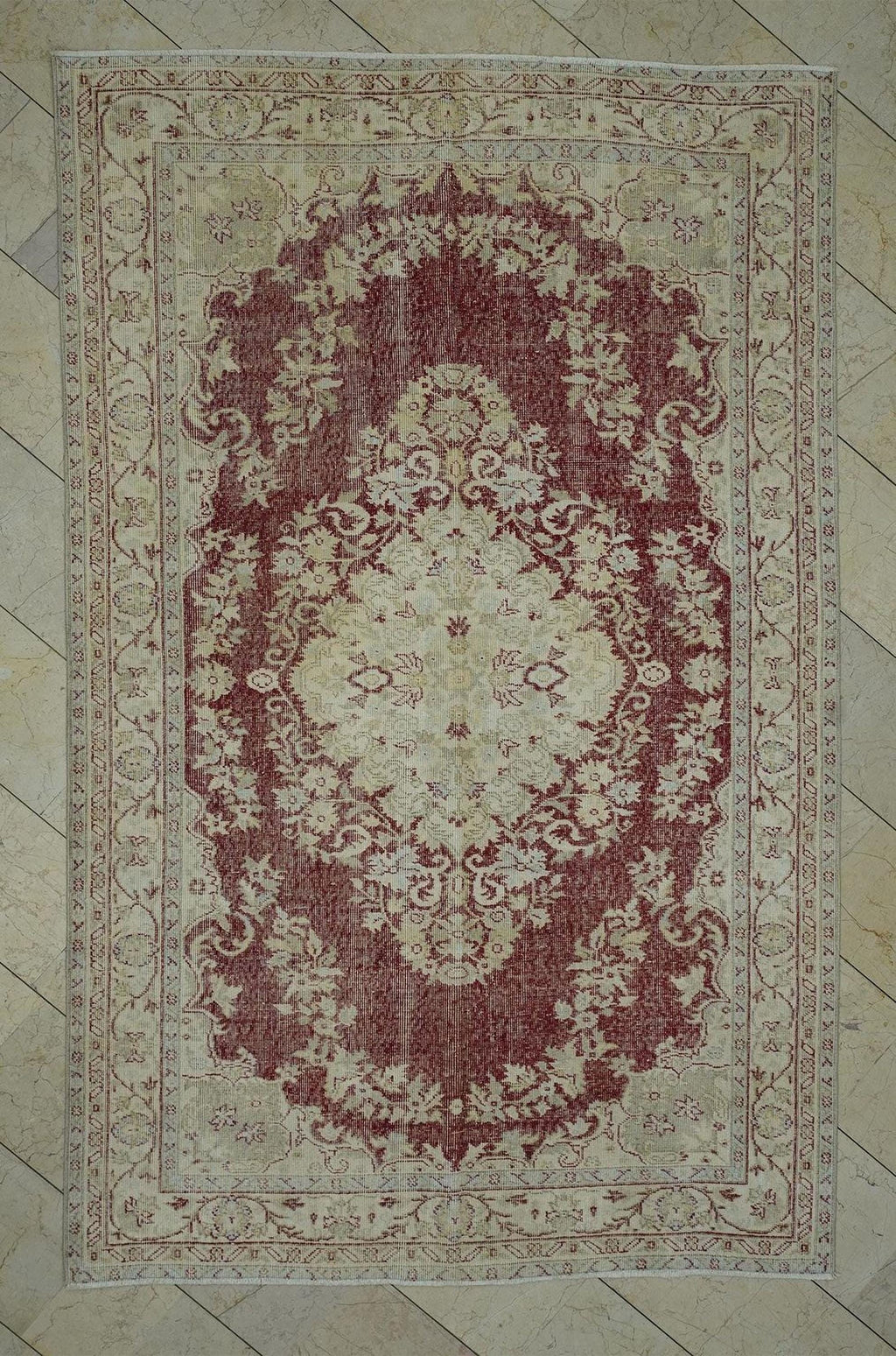 Vintage Oushak Rug: 5.7x9.2 ft, Red Beige Geometric Turkish Carpet
