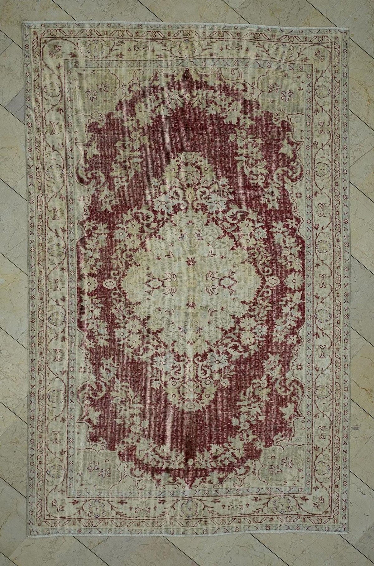 Vintage Oushak Rug: 5.7x9.2 ft, Red Beige Geometric Turkish Carpet